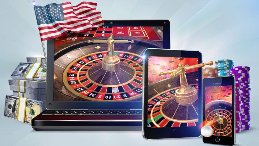 Online casino featured on laptop, tablet and smartphone, alongside a US flag and stacks on dollars.