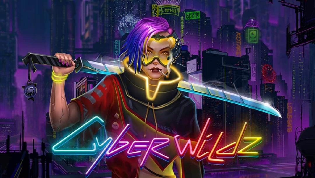 The main character of Cyber Wildz online slot with a sword.