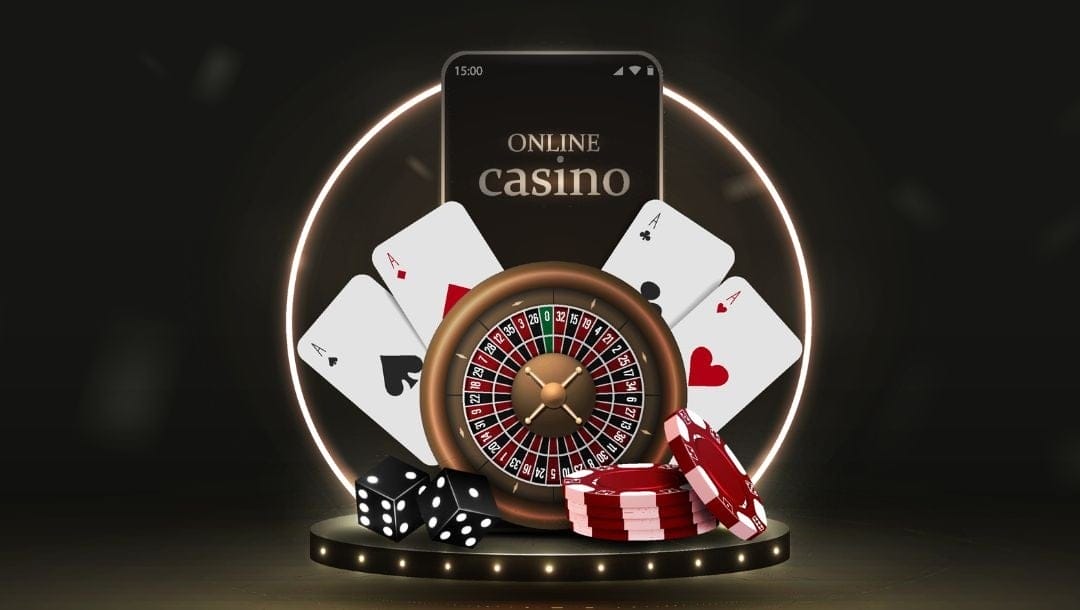 A vector image with playing cards, poker chips, a roulette wheel, and dice in front of cellphone showing an online casino.