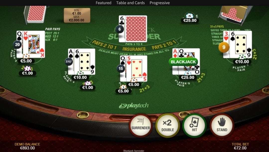 Multihand Blackjack Surrender online screenshot.