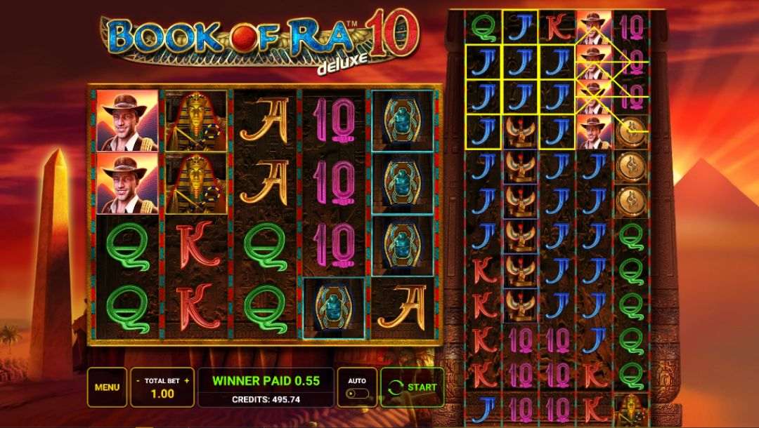 Book of Ra Deluxe 10 online slot game screen.