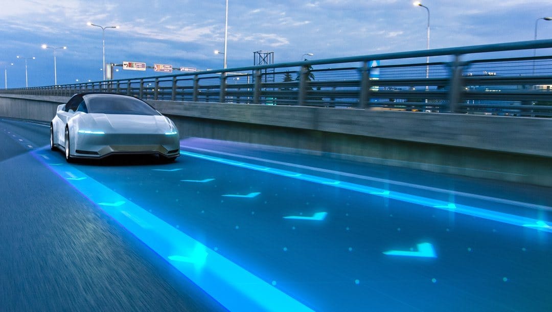 A concept image of a self-driving car plotting its path on a public road.