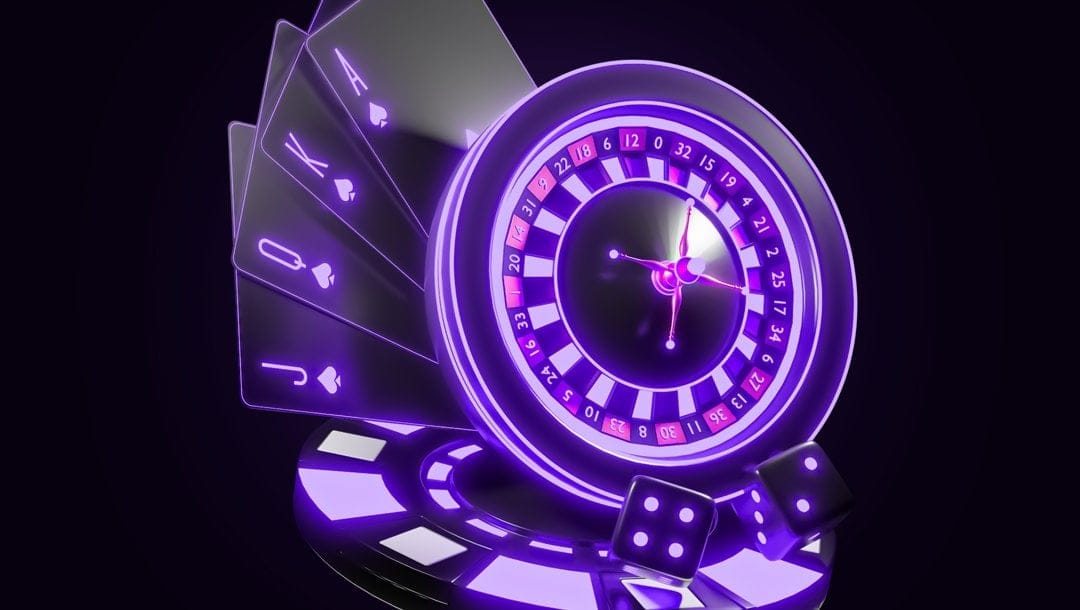 Neon casino games, including four playing cards, a roulette wheel, a pair of dice and a casino chip.