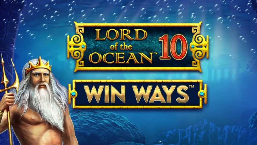 A screenshot of the online slot game Lord of the Ocean 10: Win Ways logo, with Poseidon at the forefront and an underwater scene in the background.