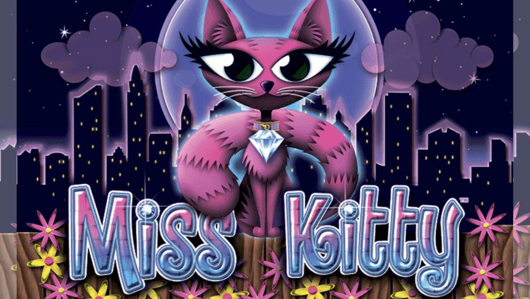 The Miss Kitty title screen, featuring a purple cat with big eyes and a diamond collar sitting on a fence with a cityscape in the background.