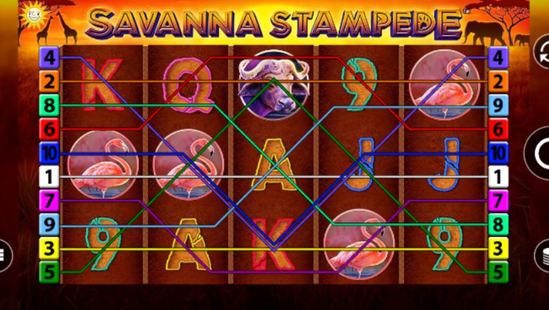 Savannah Stampede online slot game screenshot.