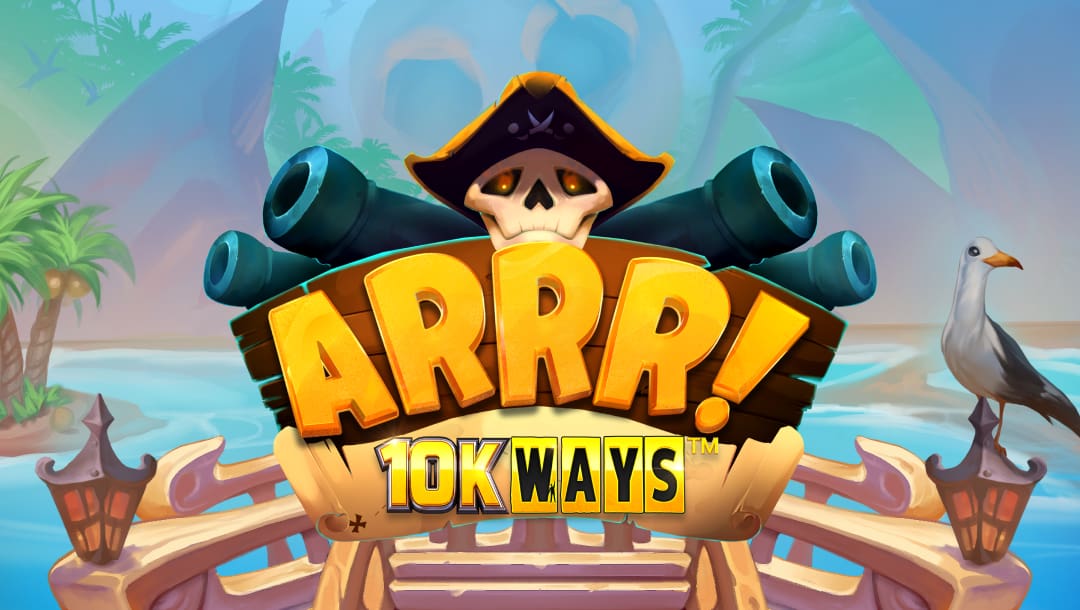 The title screen for ARRR! 10k Ways. A skull wearing a pirate hat sits on top of the game logo with four canons behind it. The background shows the front of a pirate ship as it sails through the water to an island with a big skull-shaped rock surrounded by pointed rocks.