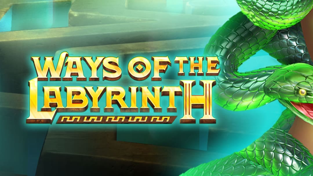 The Ways of the Labyrinth online slot game loading screen featuring the game logo, with snakes and a labyrinth in the background.