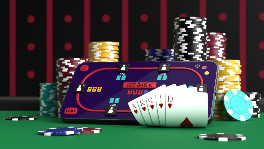 Online poker on a smartphone with poker chips and playing cards.