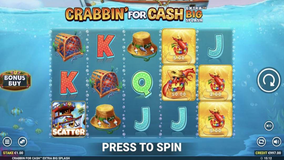 Crabbin’ for Cash Extra Big Splash Jackpot Royale online slot screenshot.
