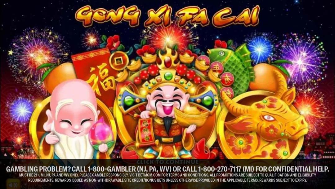 Gong Xi Fa Cai title screen, Chinese-inspired characters against a sky of colorful fireworks.