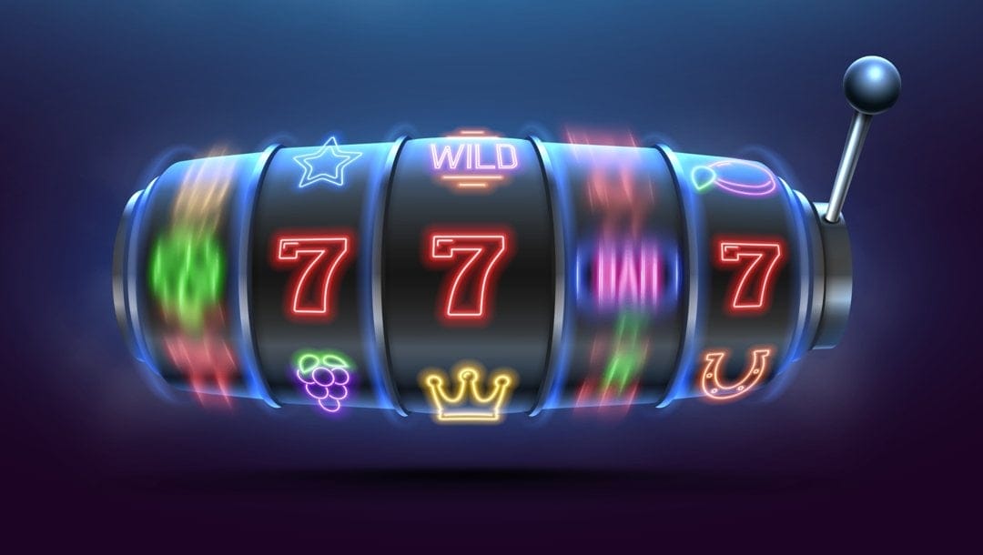 An illustration of a black and blue slot reel with various neon symbols on it, including red sevens, purple grapes, golden crowns, and blue stars.