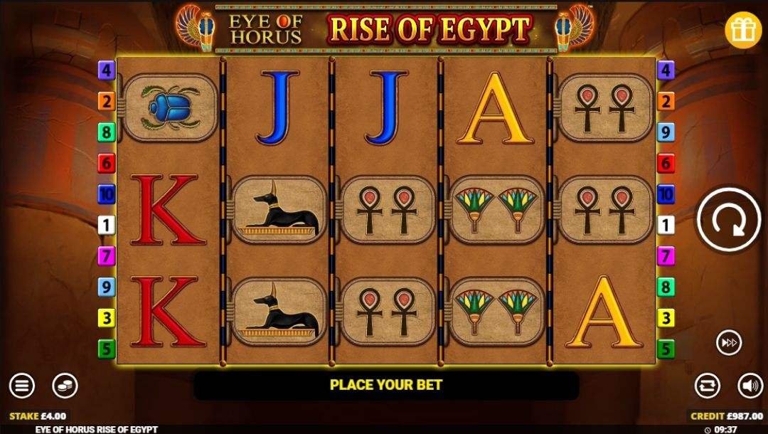 Screenshot of Eye of Horus: Rise of Egypt online slot game.