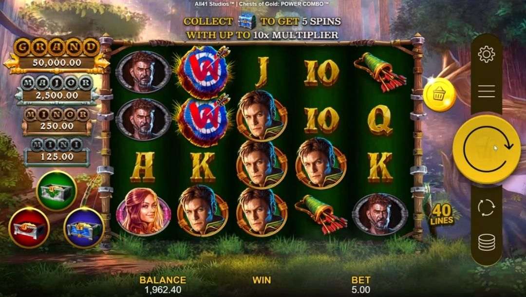 Screenshot of Chests of Gold: Power Combo online slot game.