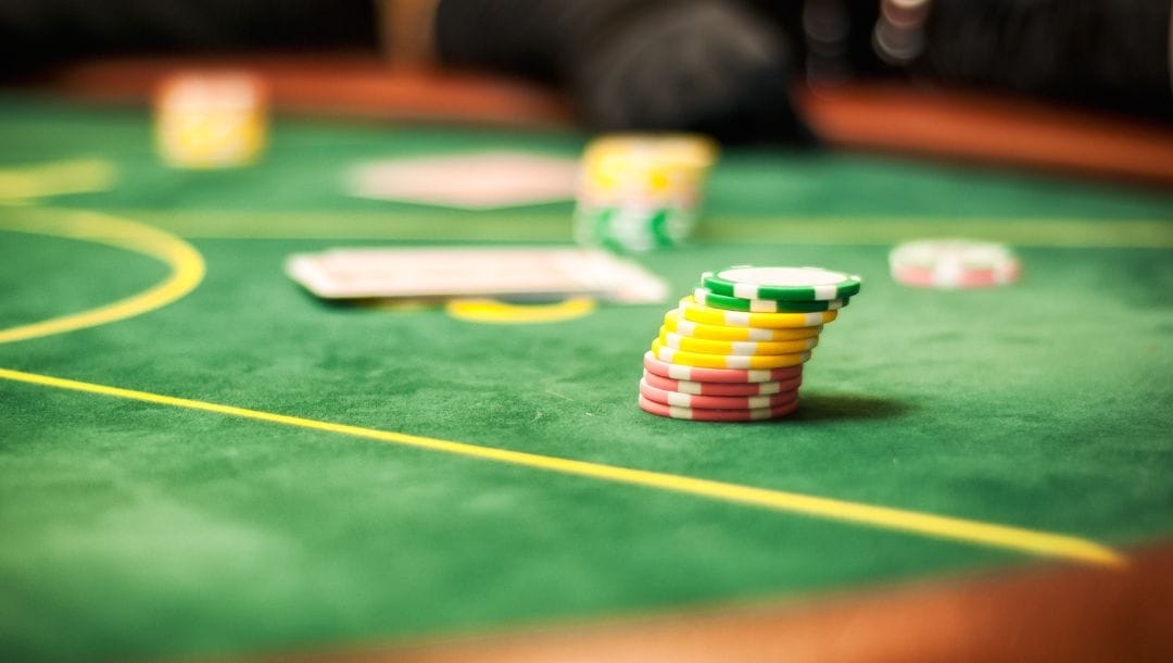 Close up of a green blackjack table.