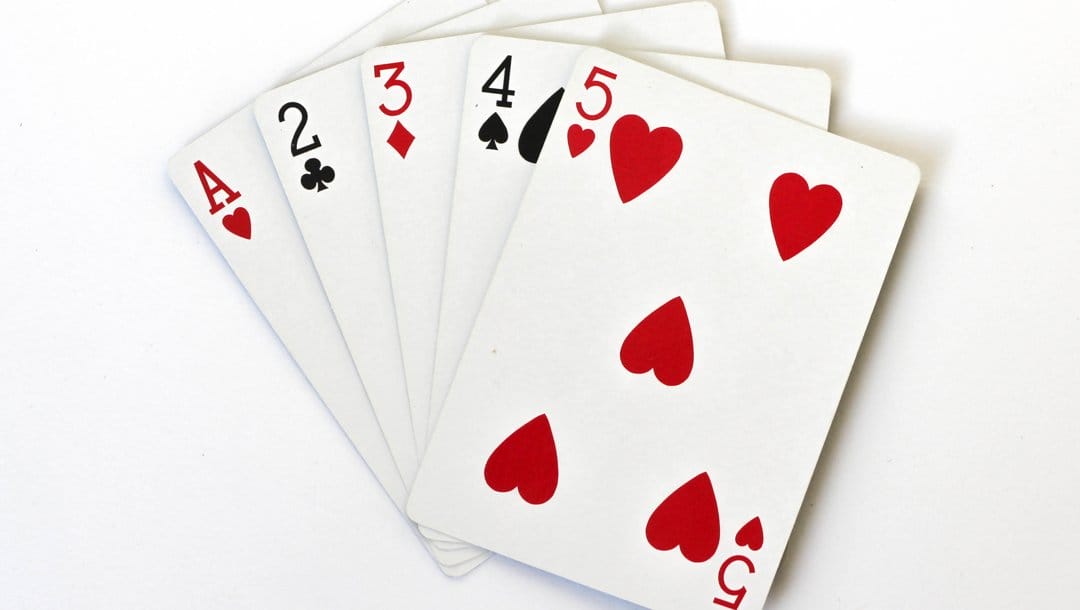 A poker hand with five cards. The hand consists of an ace, 2, 3, 4, and 5.