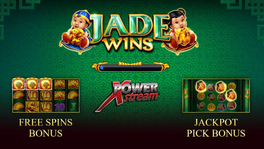 A screenshot of the loading screen for the Jade Wins Deluxe online slot game.