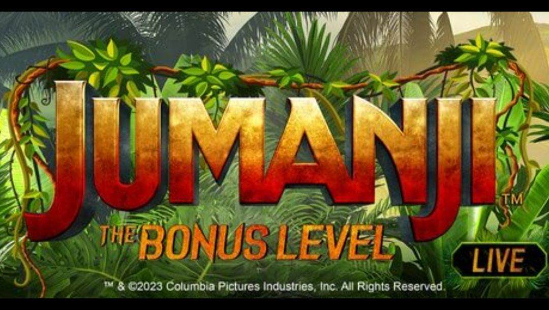 The title screen for Jumanji The Bonus Level Live, the online slot game by Playtech.