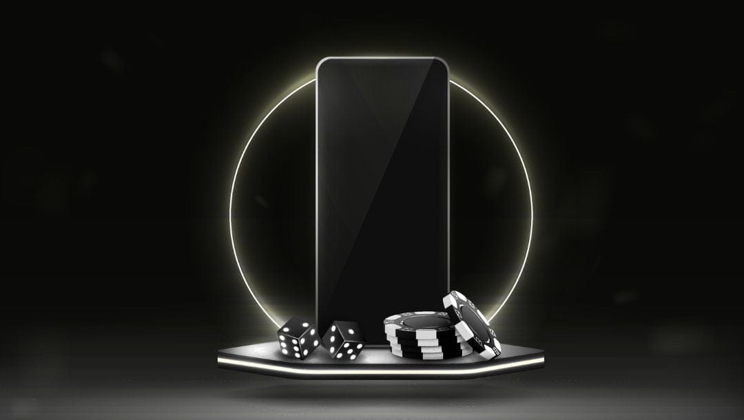 A black and white digital rendering of cellphone standing upright on a hexagon with two six-sided dice and a small stack of poker chips in front of it.