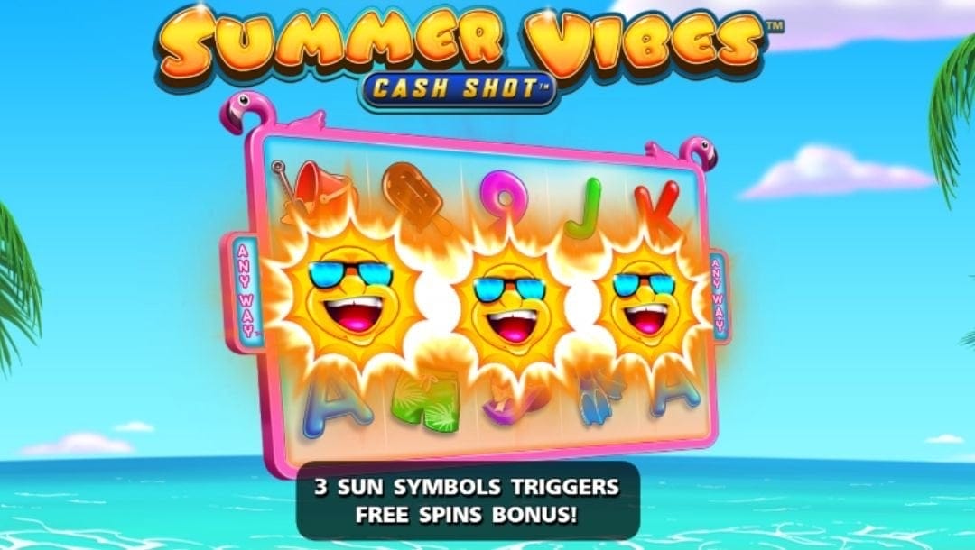 One of the loading screens showing the sun bonus symbols on Summer Vibes Cash Shot slot by Light & Wonder.