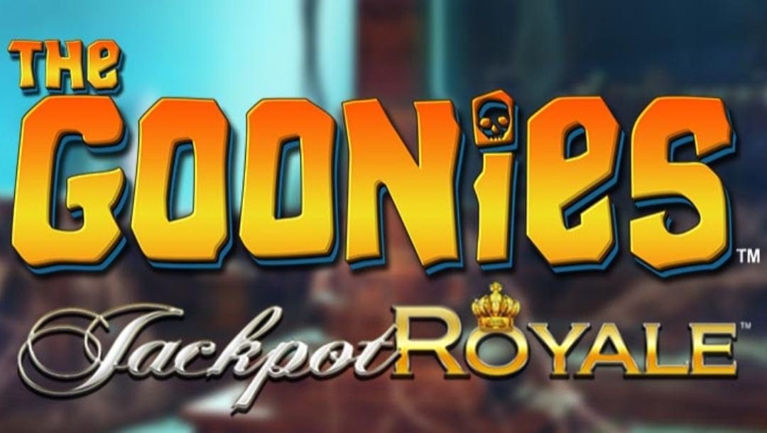 The logo of The Goonies Return Jackpot Royale online slot game by White Hat Studios.