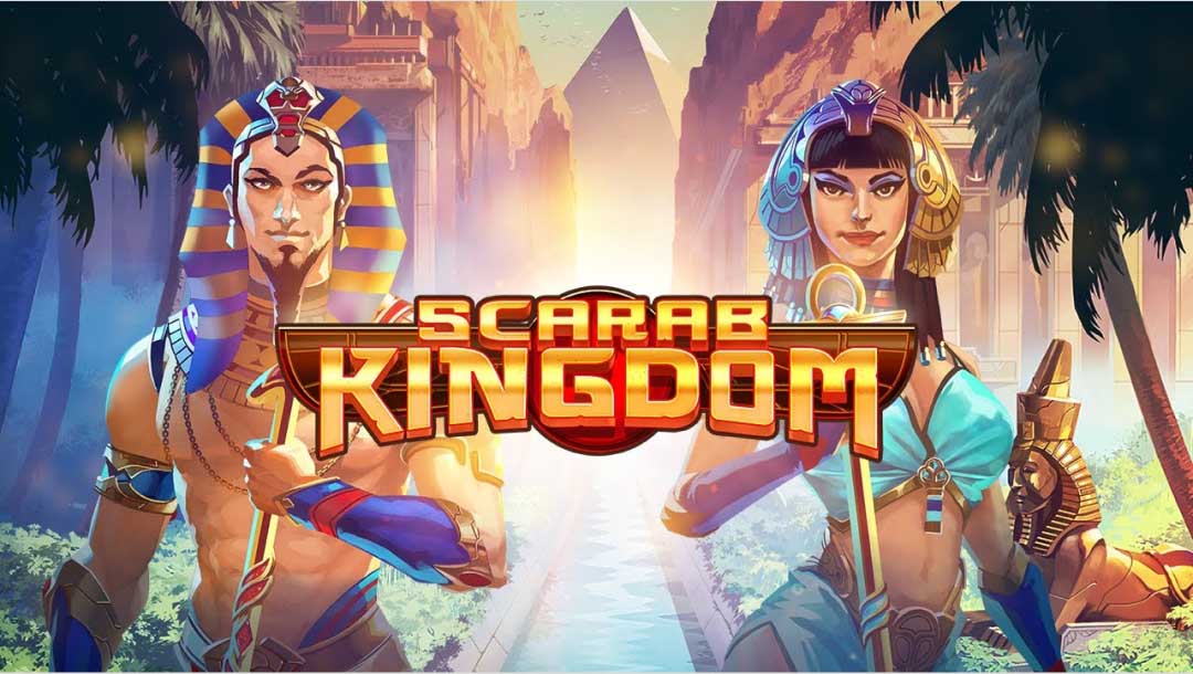 Scarab Kingdom slot title with an Egyptian woman and man standing behind the golden logo.