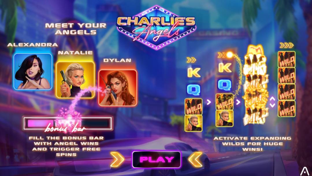 Charlie’s Angels online slot game screenshot.