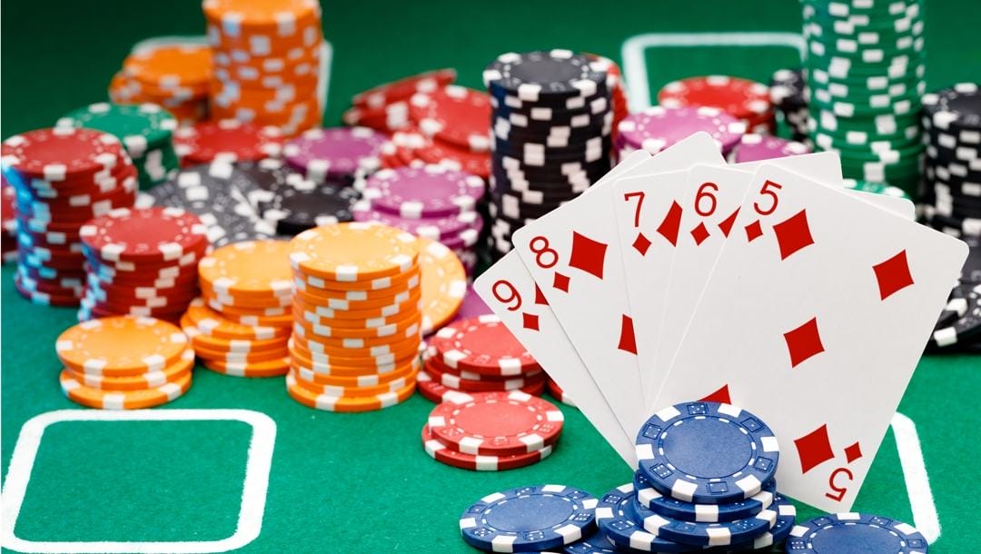Playing cards and chips in a Texas Hold’em game