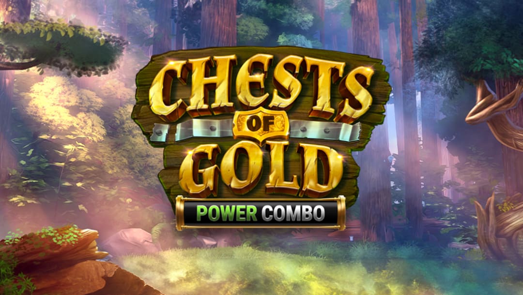 Chests of Gold Power Combo game title displayed in a forest-themed background with large trees and mist.