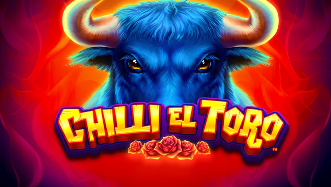 The title screen for Chilli El Toro. A hairy blue bull appears behind the game title, which is spelled out in 3D gold letters with a purple frame and five red roses lined up along the bottom. The logo appears against a background of purple, red, and orange flames