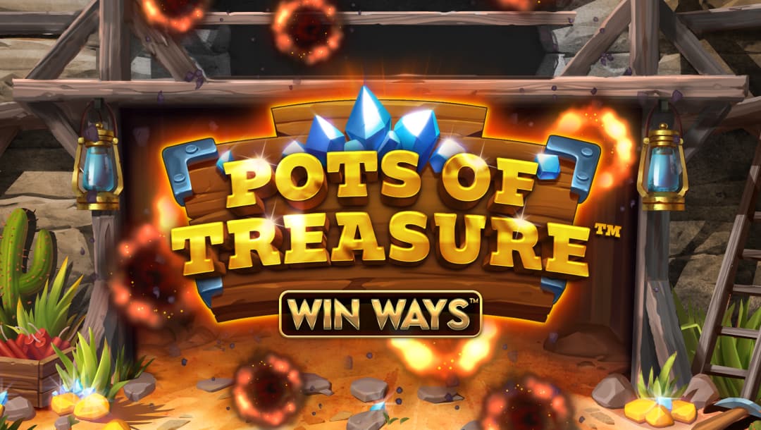 The Pots of Treasure Win Ways online slot game loading screen featuring the game logo with the entrance to a mine in the background.