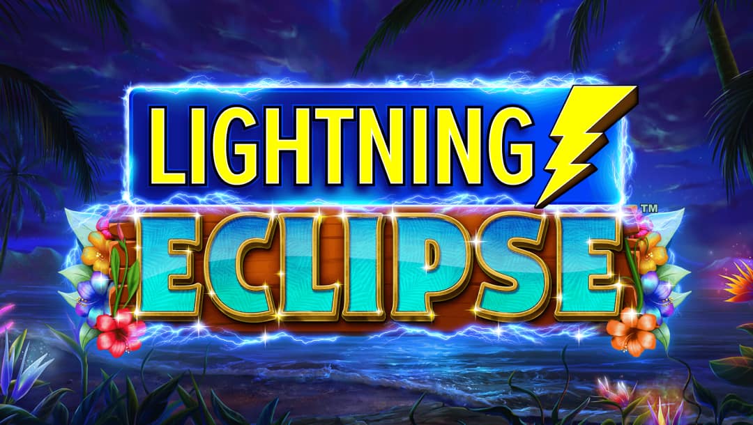 The title screen of Lightning Eclipse. The word “Eclipse” is spelled out in bold, turquoise letters and appears on a banner made of wooden planks with flowers decorating the sides. Lightning surrounds the entire logo against the backdrop of a beach at night.