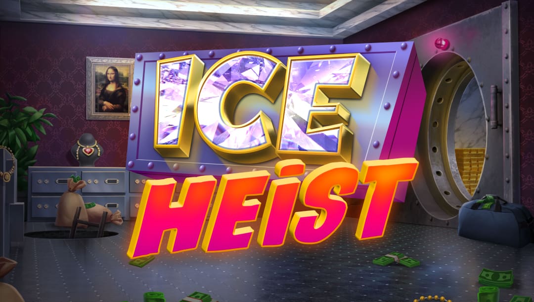 The Ice Heist online slot game loading screen featuring the game logo. There is a robbery scene featuring a volt, money, jewelery, and a painting in the background.