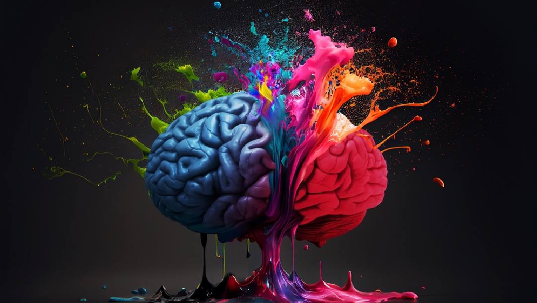 A concept of a human brain with paint dropped onto it.