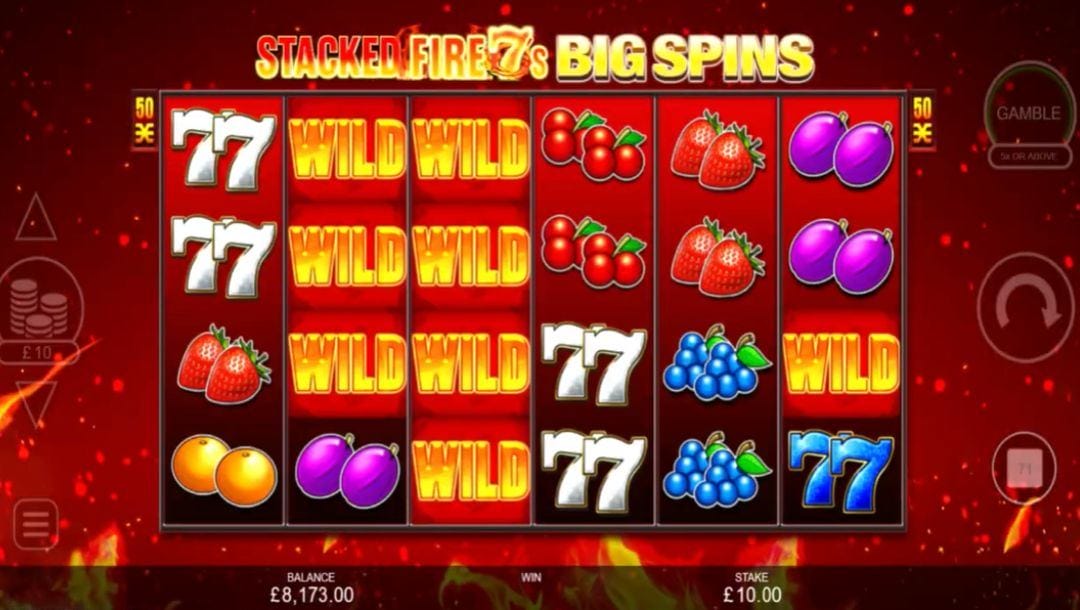 Screenshot of Stacked Fire 7s Big Spins online slot game.