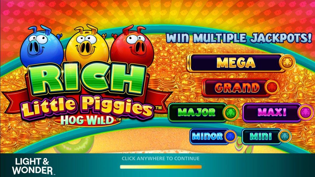 The Rich Little Piggies Hog Wild title screen with the various jackpots listed. The jackpots are mega, grand, major, maxi, minor, and mini.