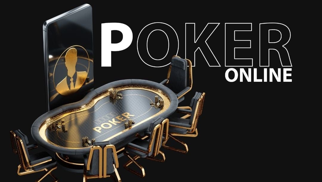 An online poker concept image with a giant smartphone next to a black and gold poker table against a black background.