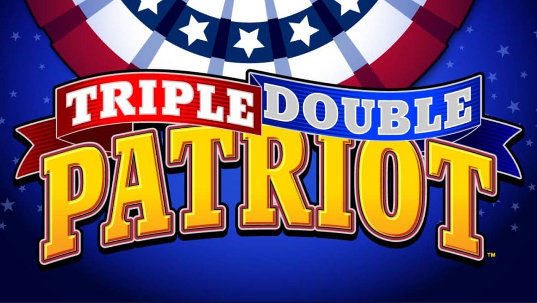 The title screen of the Triple Double Patriot online slot game with the game’s logo against a blue background with translucent white stars on it.