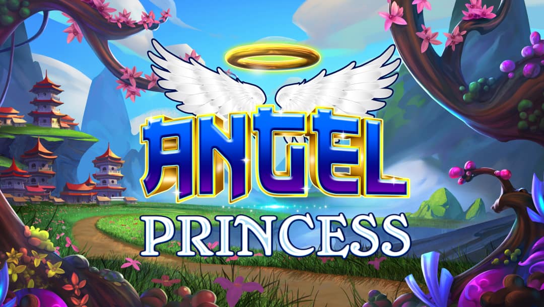 Angel Princess Jackpot Royale online slot logo in blue, white and gold. The background shows Japanese houses, cherry blossom trees, mountains, and green grass.