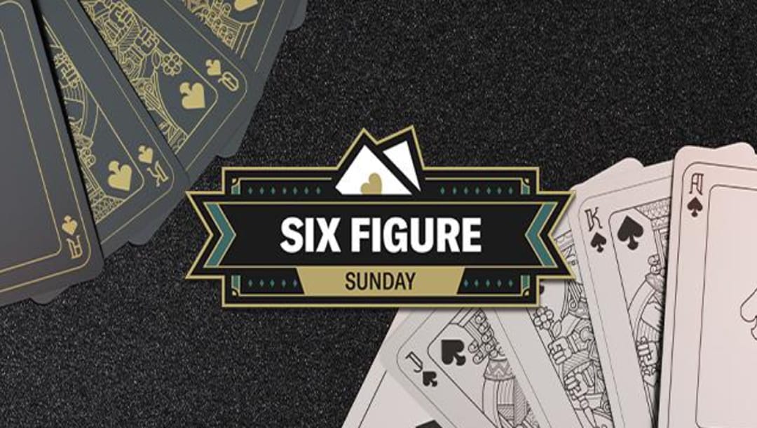 A poster for the BetMGM Poker Six-Figure Sunday online poker tournament with playing cards in two corners of the image and the logo in the center.