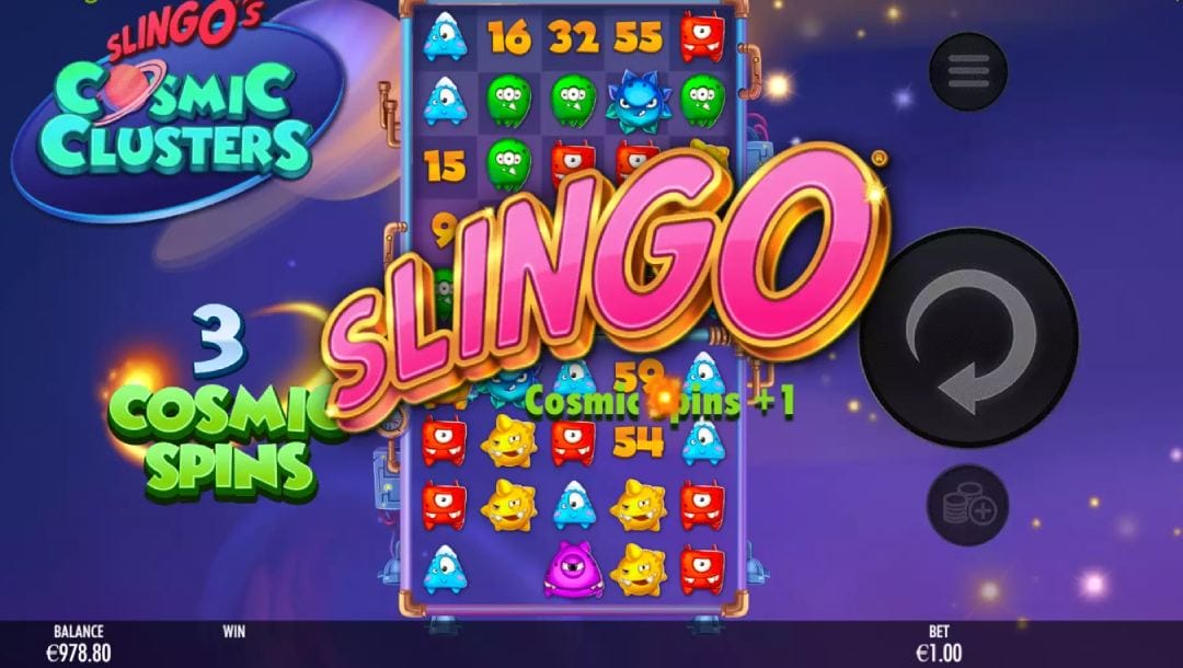 Tutorial screen of Slingo’s Cosmic Clusters online slot game.
