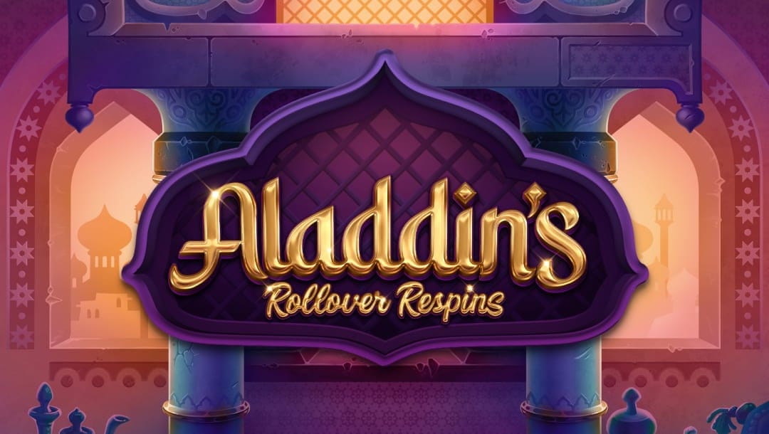 The loading screen of Aladdin’s Rollover Respins featuring the game logo with Arabian-style buildings in the background.