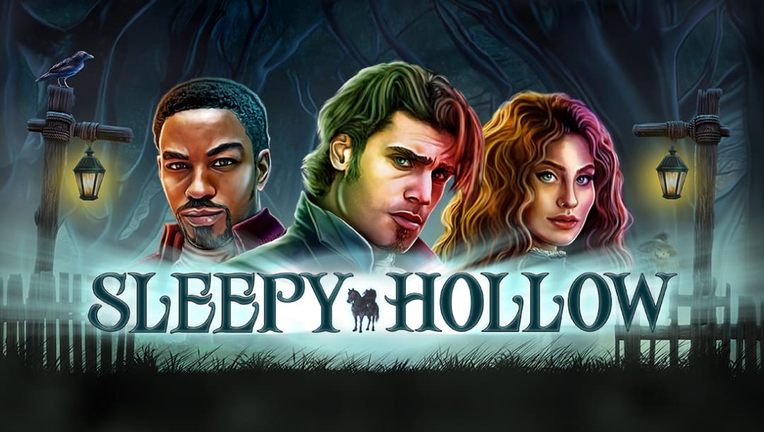 The Sleepy Hollow online slot game loading screen, featuring the game title, characters from the game, and a spooky forest in the background.