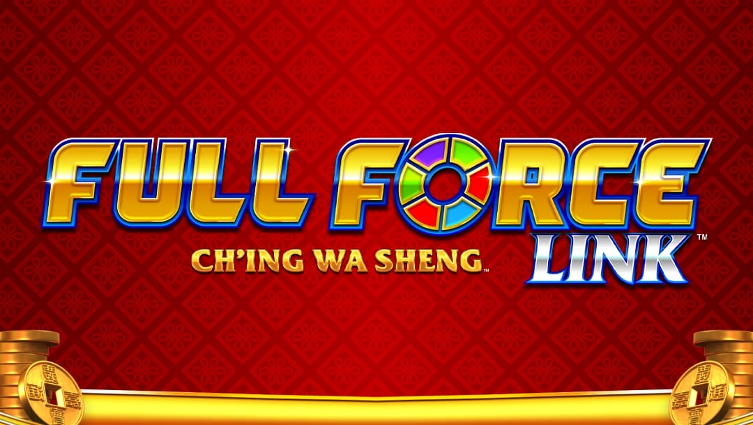 The Full Force Link Ch'Ing Wa Sheng online slot game loading screen featuring the game logo on a red background, with some stacks of gold coins in the bottom corners.