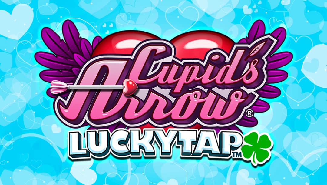 The Cupid’s Arrow LuckyTap online slot game loading screen featuring the game logo on a blue background covered in white hearts.