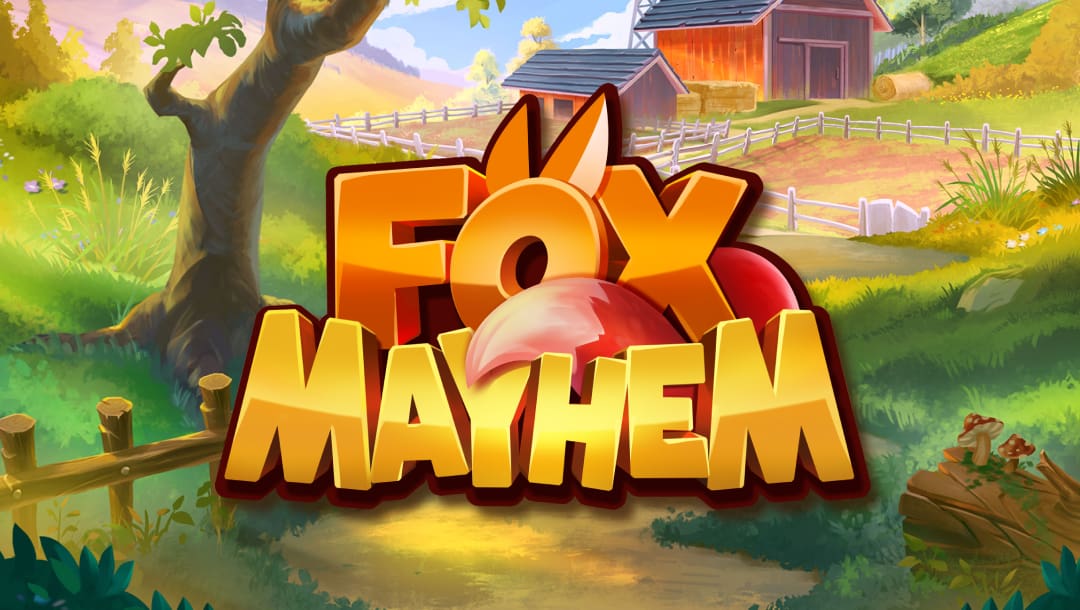 Loading screen of the Fox Mayhem online slot game featuring the game logo and a farm with a barn in the background.