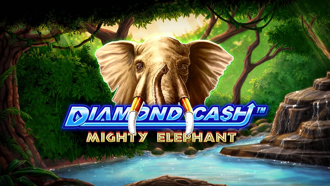 The Diamond Cash Mighty Elephant title screen. An elephant with gold around the base of its tusks appears behind the game title. In the background is a beautiful natural scene with water flowing down rocks into a small pool that is surrounded by tall trees and lush greenery.