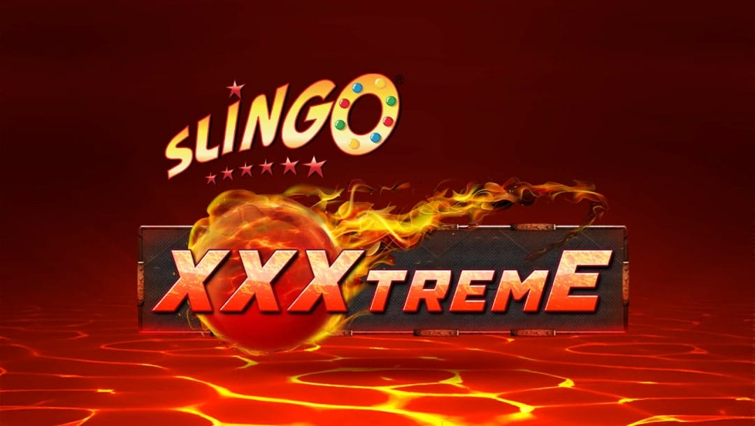 Title screen for Slingo XXXtreme, featuring the game logo with a burning ball of fire behind it and a dimly lit red background with lava running across the bottom of it.