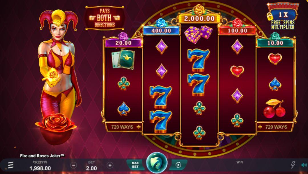 Screenshot of Fire and Roses Joker online slot game.