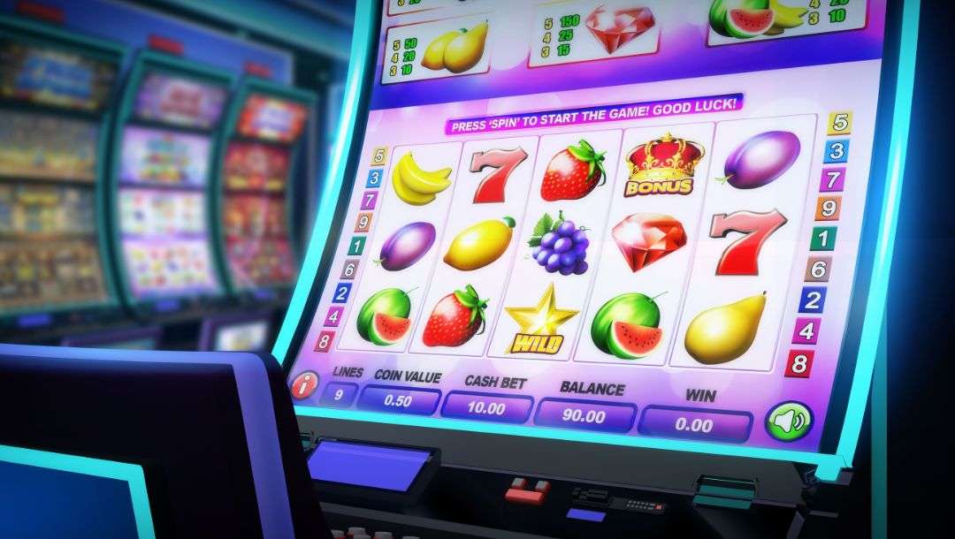 a video slot machine in a casino with other slot machines blurred in the background